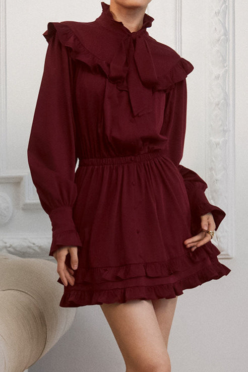 Bow Tie Neck Ruffle Trim Long Sleeve Tiered Hem Mini Dress