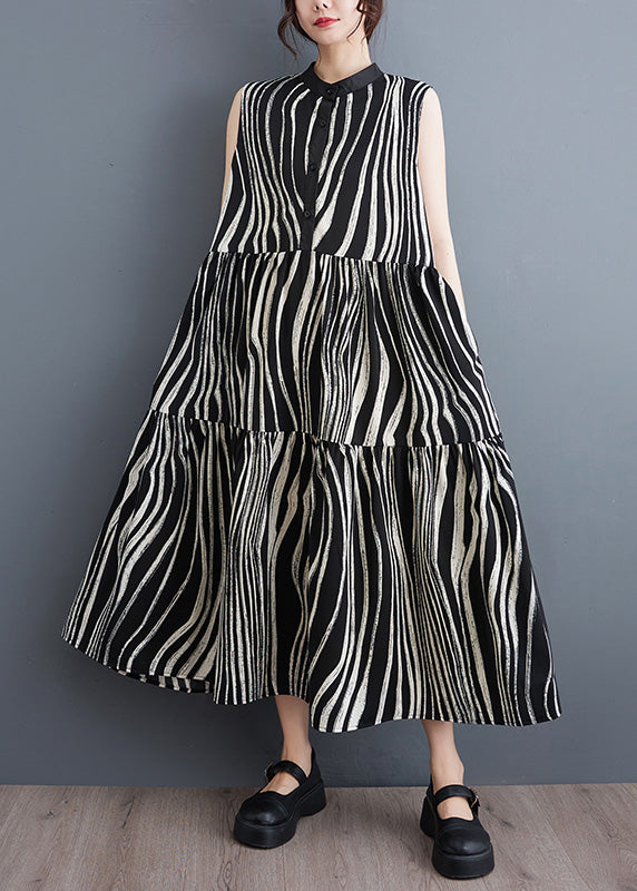 Wavy Stripe Print Band Collar Button Front Tiered Sleeveless Maxi Dress