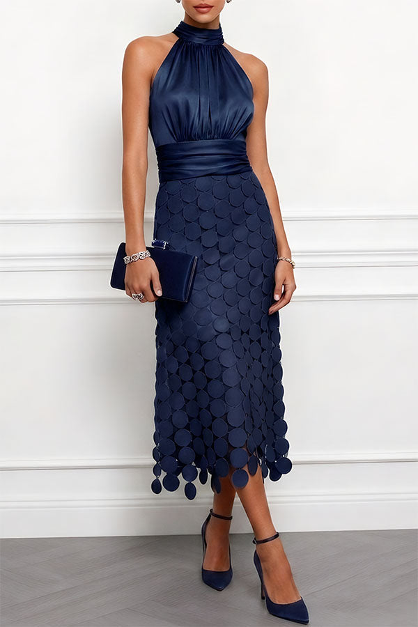 Halter Neck Sleeveless Laser Cut Disc Midi Dress