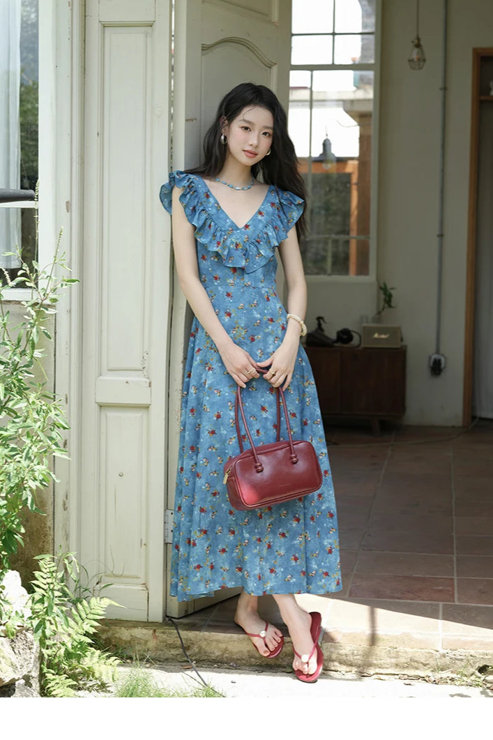 VNeck Ruffled Midi Floral Dress