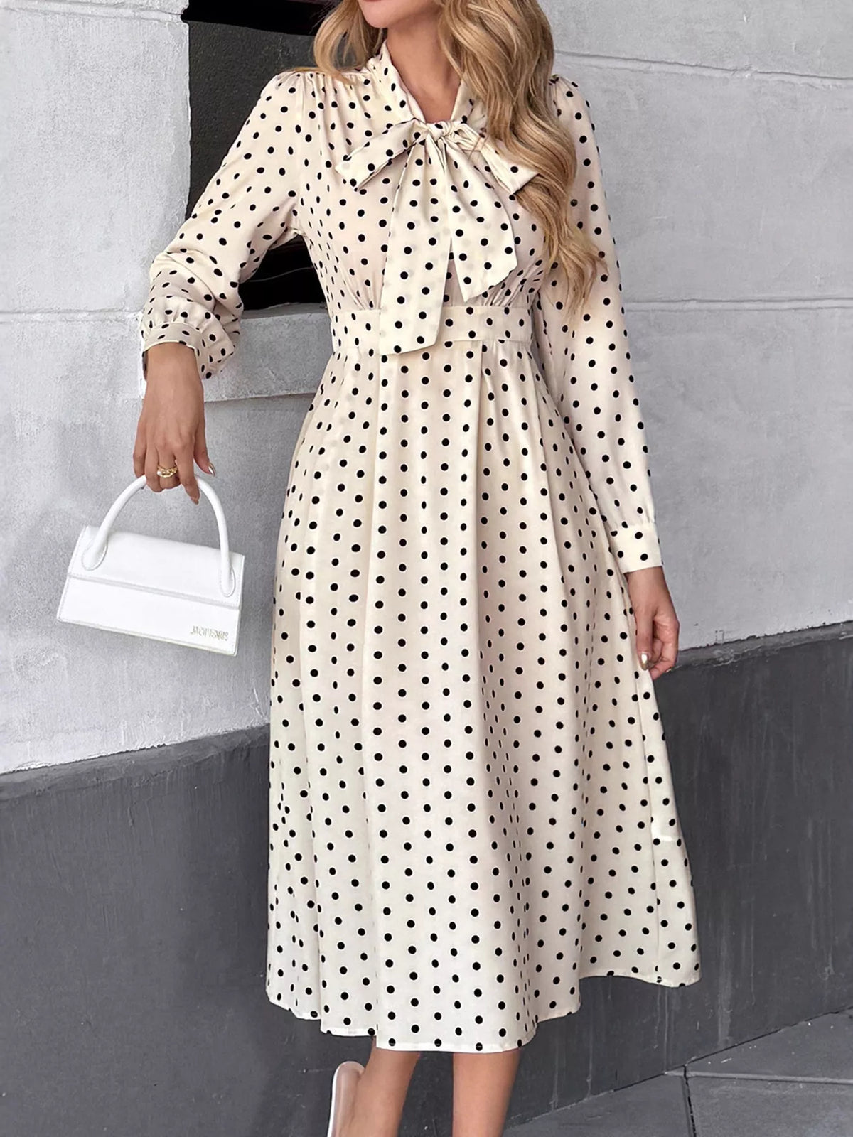 Polka Dot Bow Tie Neck Long Sleeve Pleated A-Line Midi Dress 4