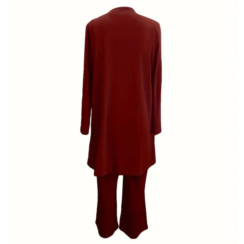 Round Neck Top Open Front Duster and Wide Leg Pants Three Piece Set