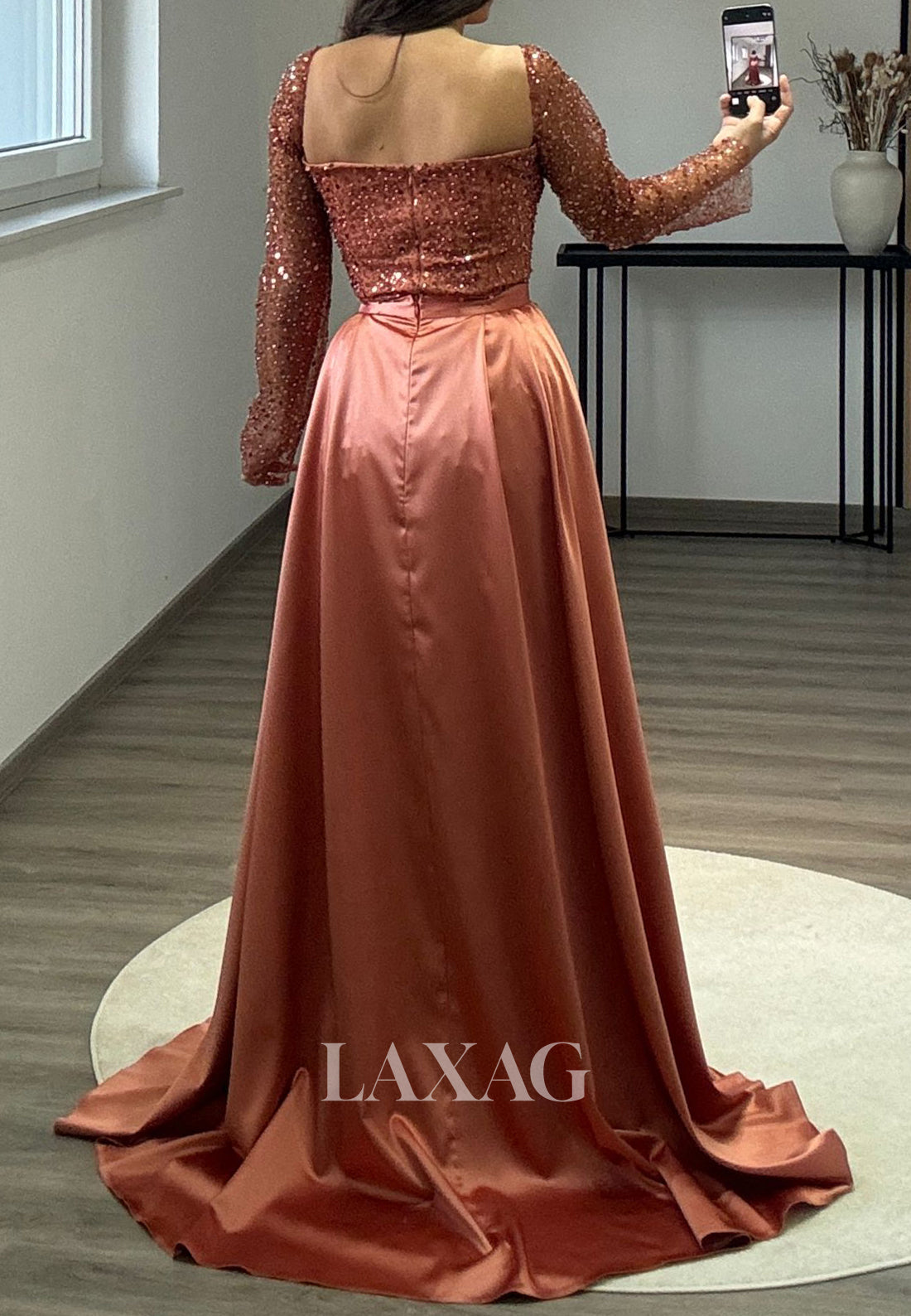 Fully Sequined Beaded Pleated Mermaid Prom Dress Square-Neck Long Sleeves Formal Gowns with Satin Overskirt