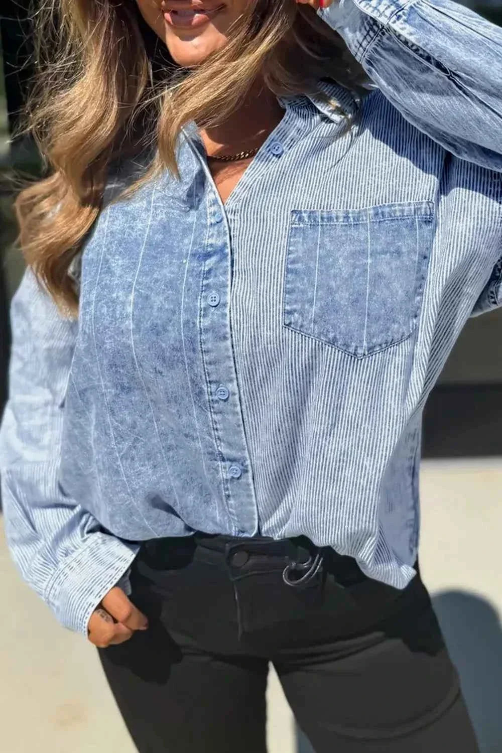Striped Washed Denim Button Front Chest Pocket Long Sleeve Shirt 3