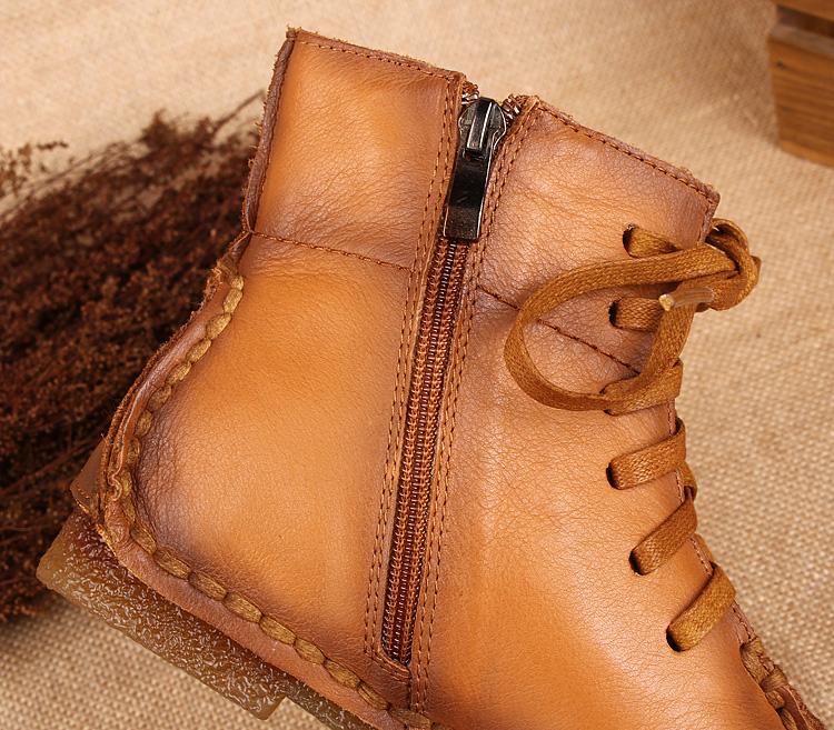 National Style Leather Short Boots For Women Lace Up Green/Black/Brown