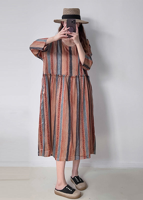 Vertical Stripe Round Neck Long Sleeve Empire Waist Oversized Midi Dress