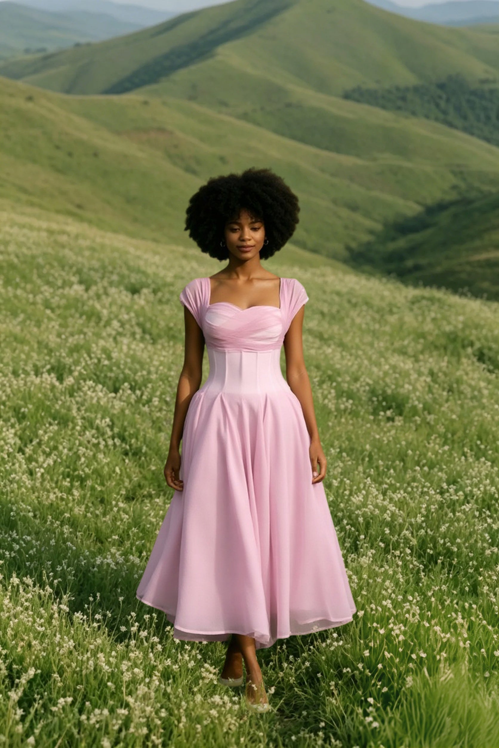Sweetheart Cap Sleeve Ruched Fit and Flare Tea Length Prom Dress
