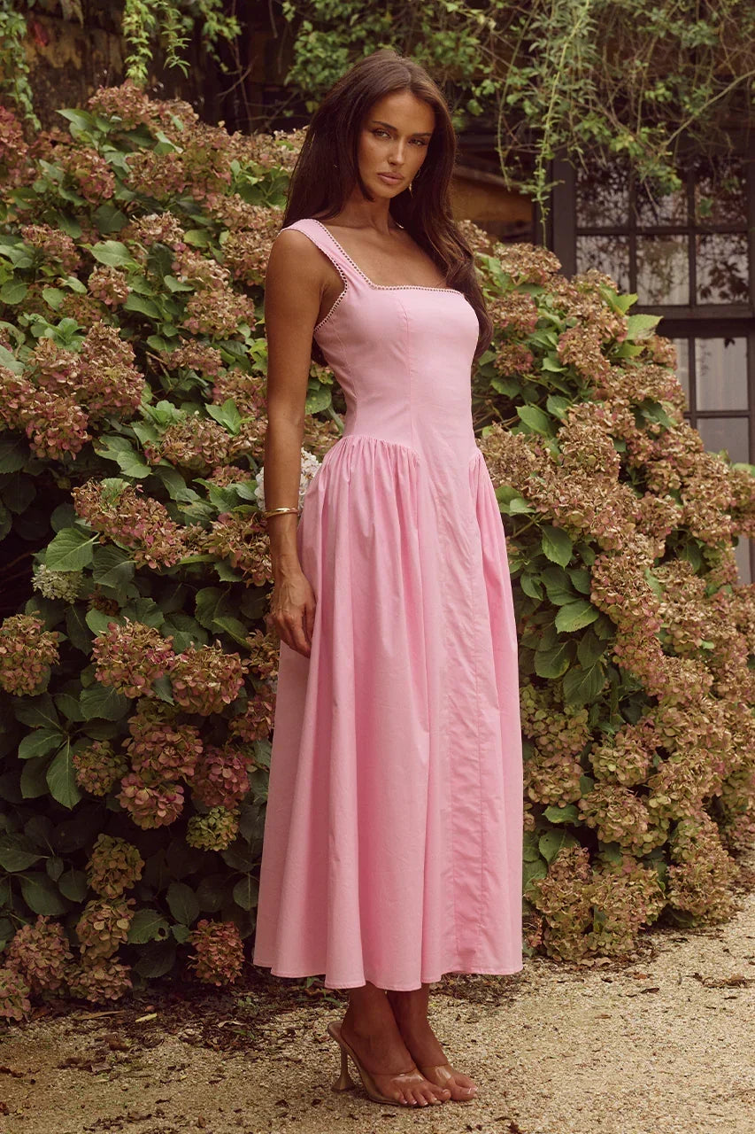 Square Neck Stitch Trim Drop Waist Pleated Midi Dress 6