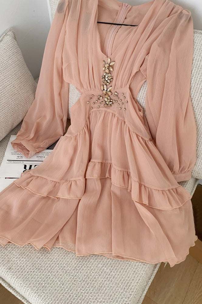 Elegant Deep V Cut Out Waist Rhinestone Chiffon Mini Dress - View 6