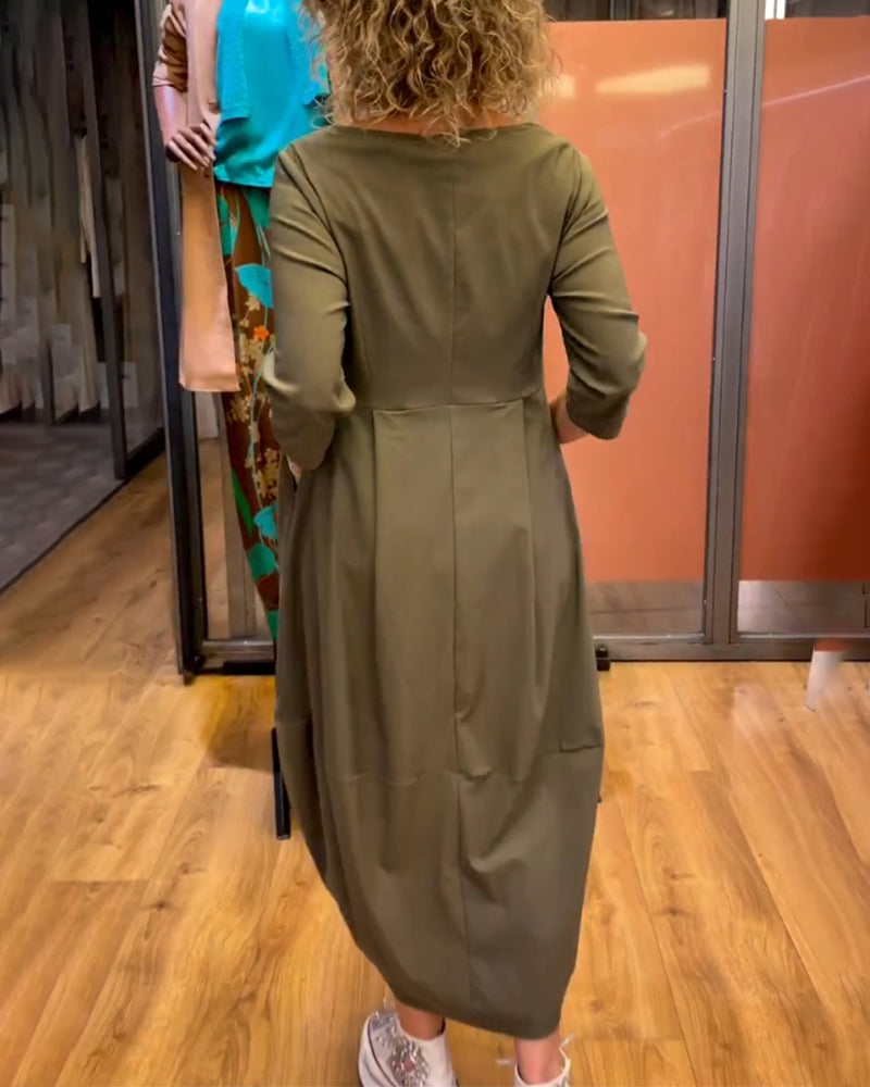Boat Neck Three Quarter Sleeve Pleated Cocoon Midi Dress