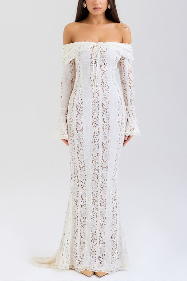 Leila Elevated Off Shoulder Floral Lace Flared Sleeve Fishtail Maxi Dress White Occasion Wear
