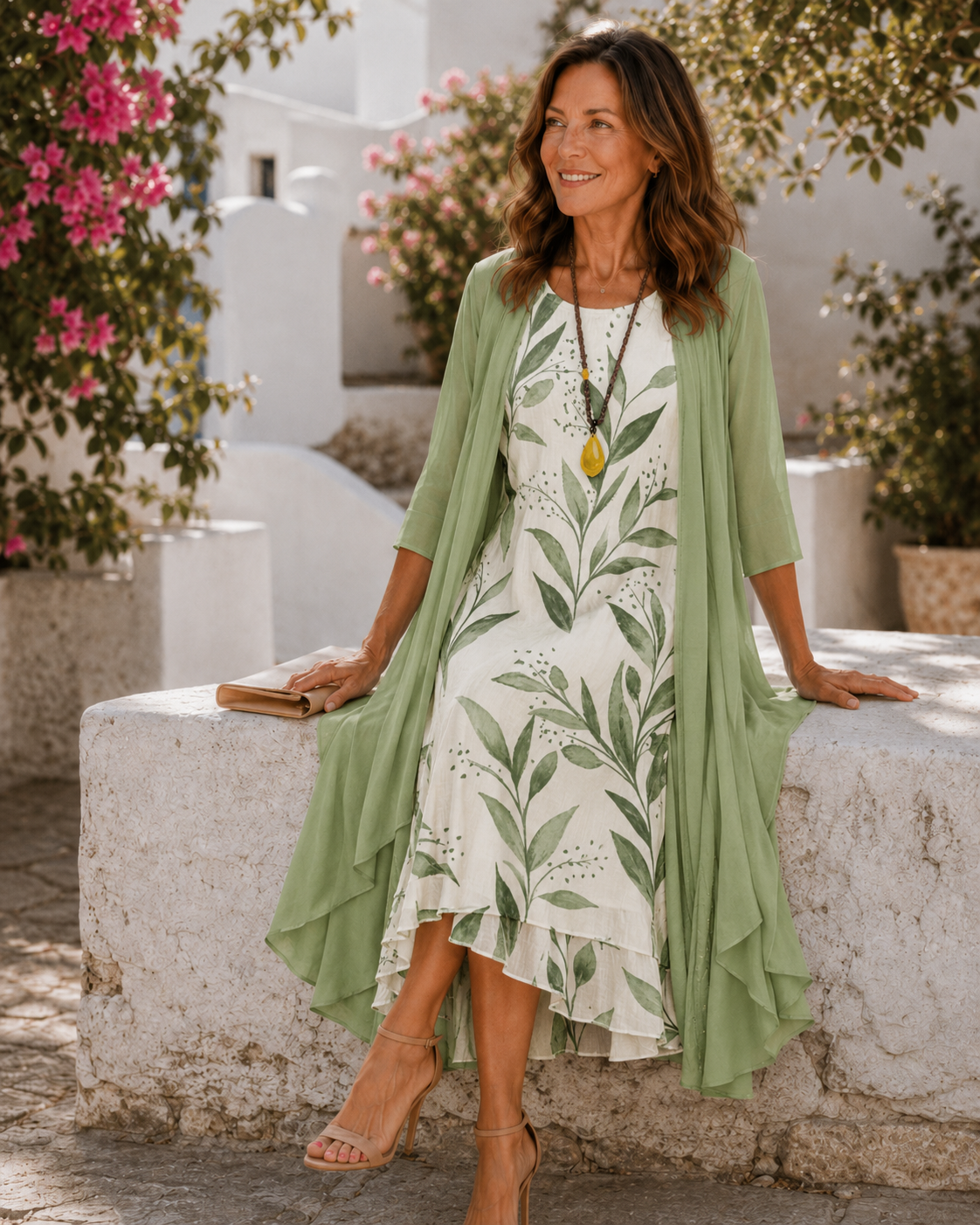 Leaf Print Sleeveless Dress and Longline Duster Two Piece Set