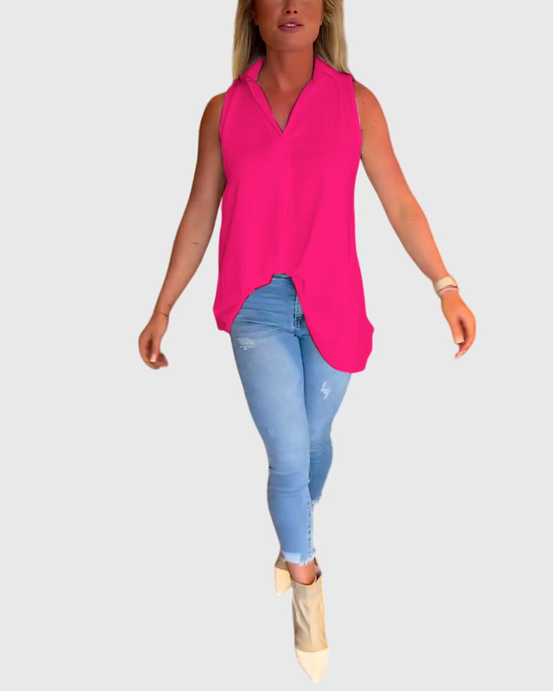 Collared Sleeveless High Low Blouse