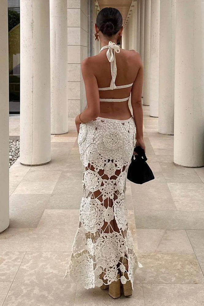 Crochet Halter Neck Side Cut Out Bodycon Maxi Dress