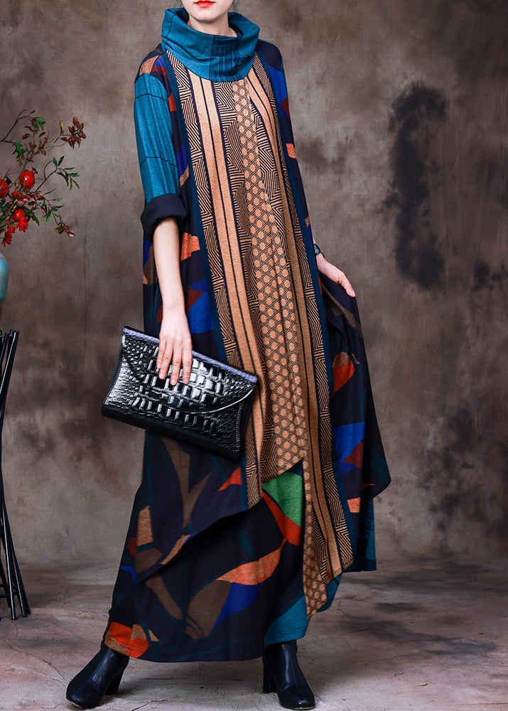 Geometric Patchwork Cowl Neck Long Sleeve Asymmetric Hem Oversized Maxi Dress