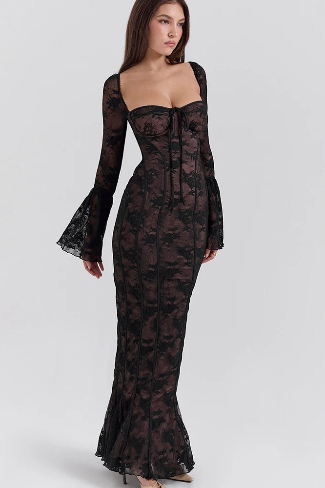 Square Collar Extended Sleeve Maxi Dress