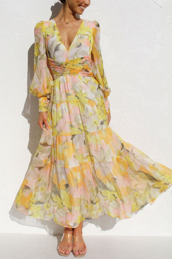 Abstract Floral Print Deep V-Neck Bishop Sleeve Tiered Wrap Waist Maxi Dress