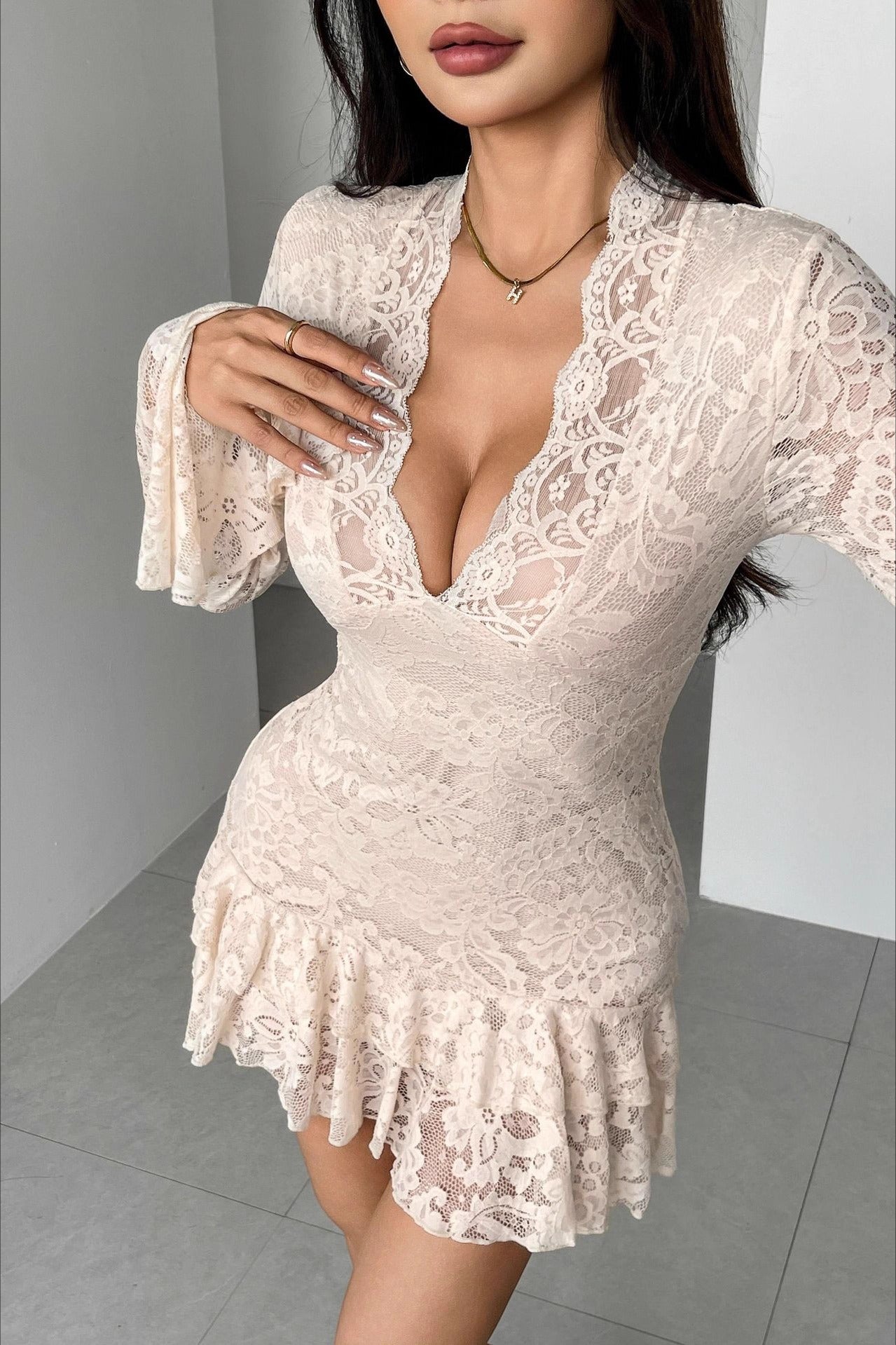 Lace V-Neck Double Ruffle Bodycon Dress