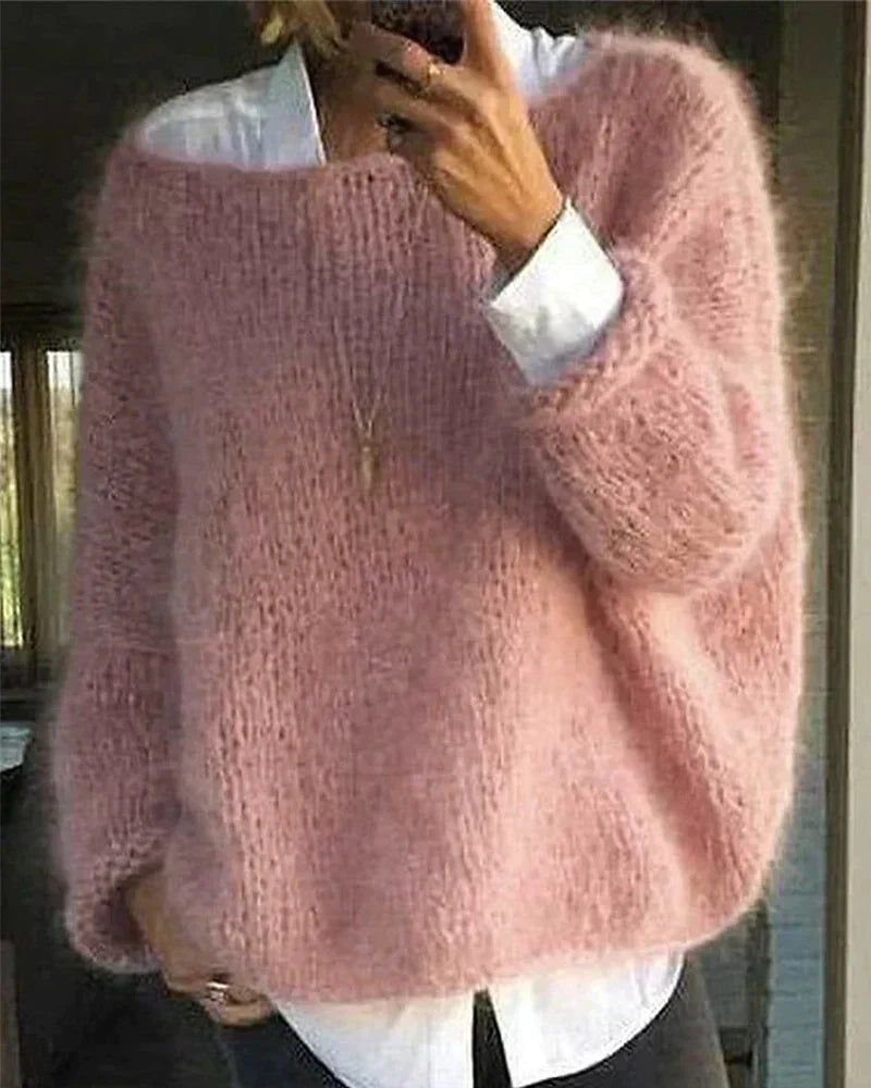 Crew Neck Long Sleeve Fluffy Knit Sweater