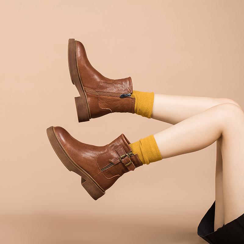 Full Grain Leather Short Boots Designer Retro Chunky Riding Boots Side Zip Buckle Boots Brown/Black