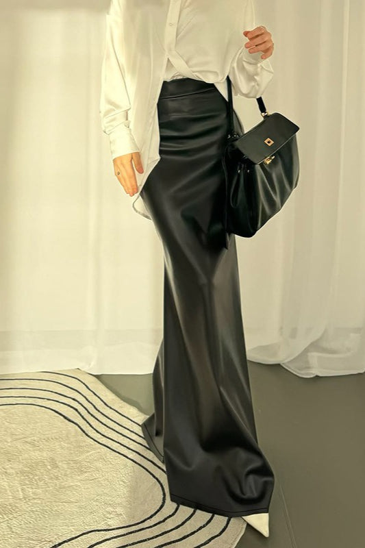 Faux Leather High Waist Ruched Mermaid Maxi Skirt 4