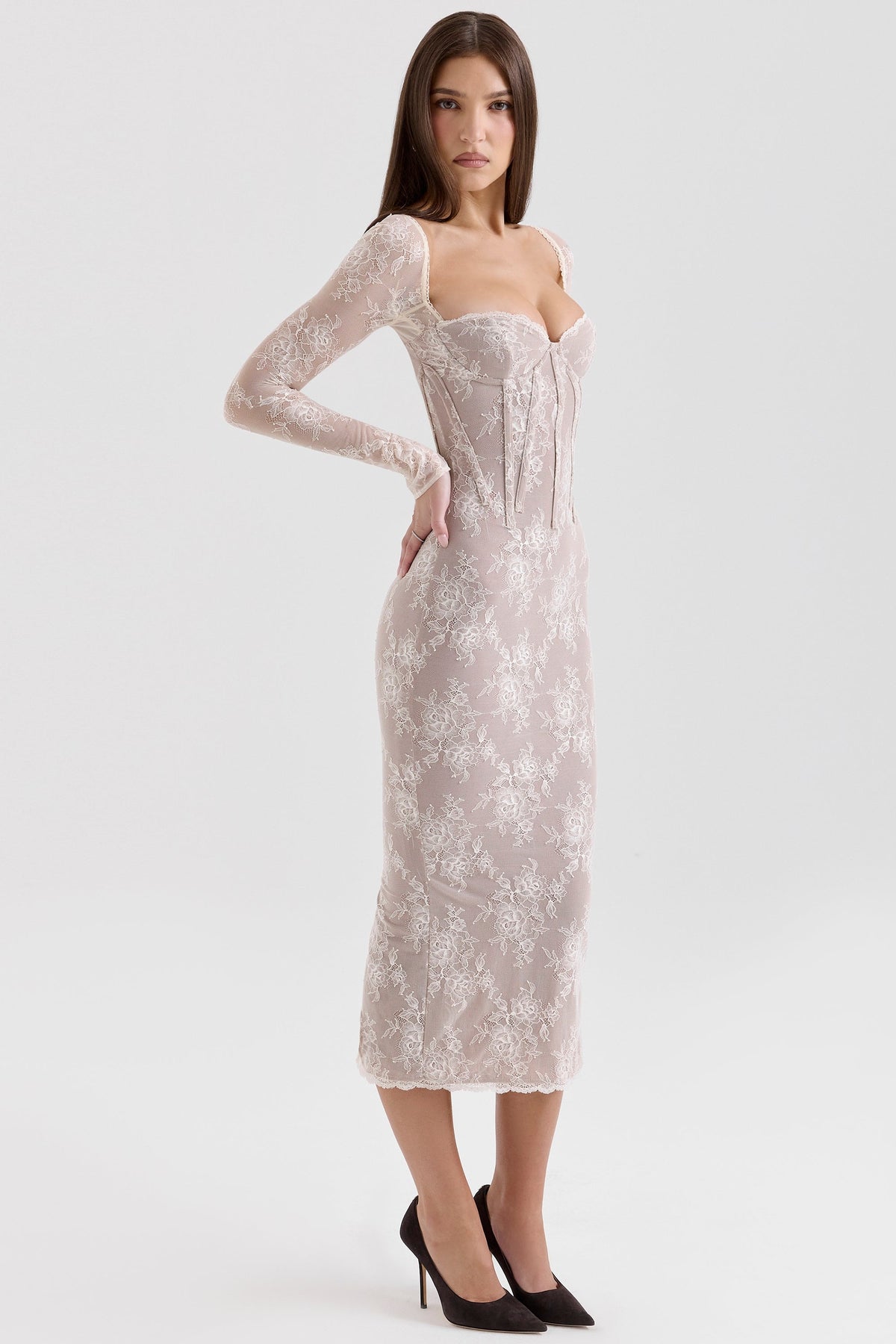 Floral Lace Corset Bodice Sweetheart Long Sleeve Midi Dress 5