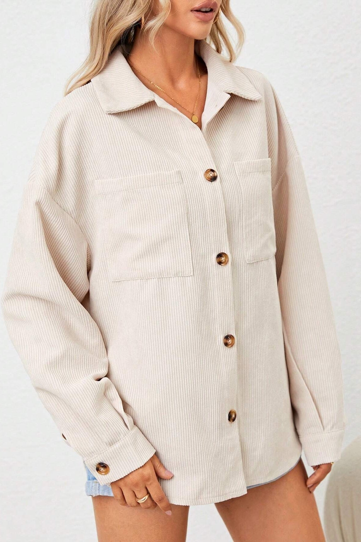 Corduroy Collared Button Front Chest Pocket Oversized Shirt Jacket 3