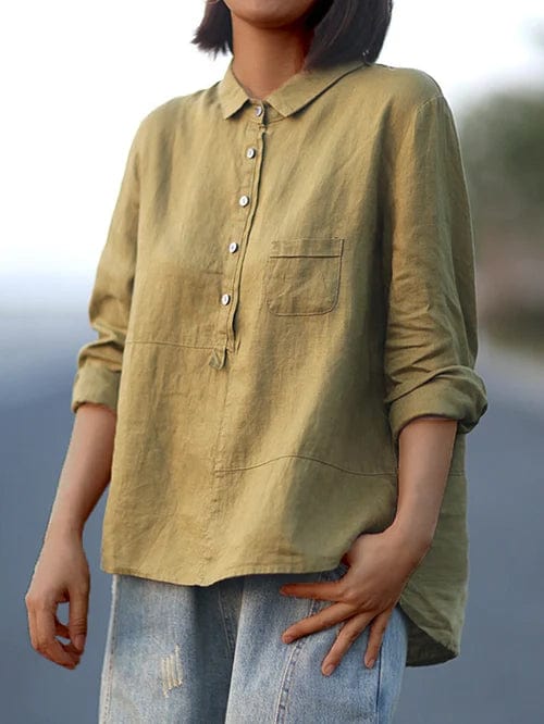 Collared Half Button Three Quarter Sleeve Linen Blouse