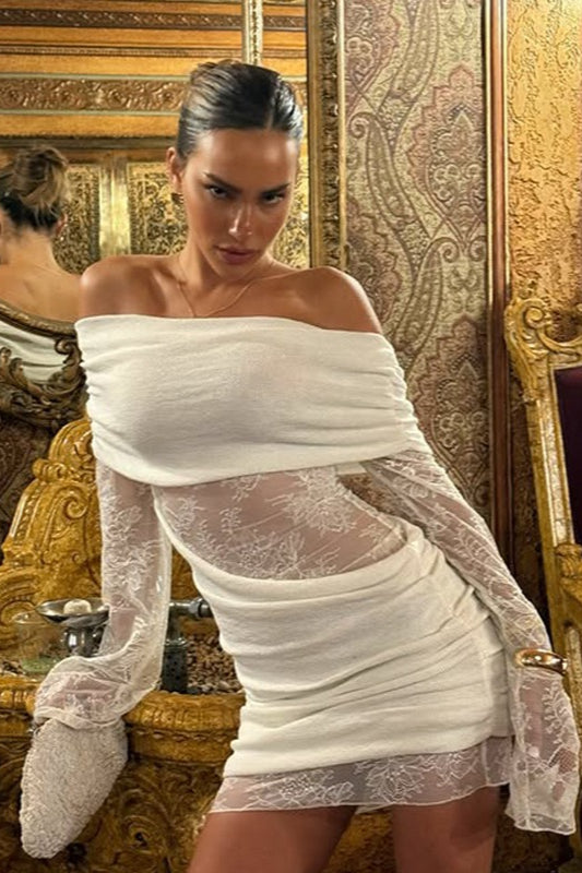Lace One-Shoulder Hollow Insert Sleeve Slim Lace Dress