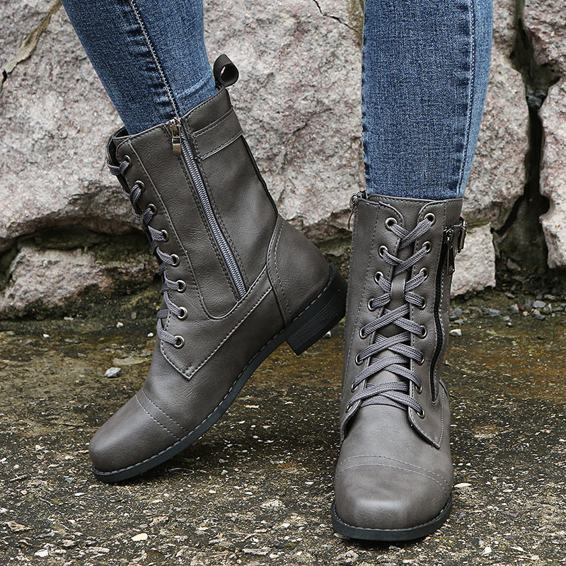 Lace Up Side Zip Buckle Block Heel Combat Boots