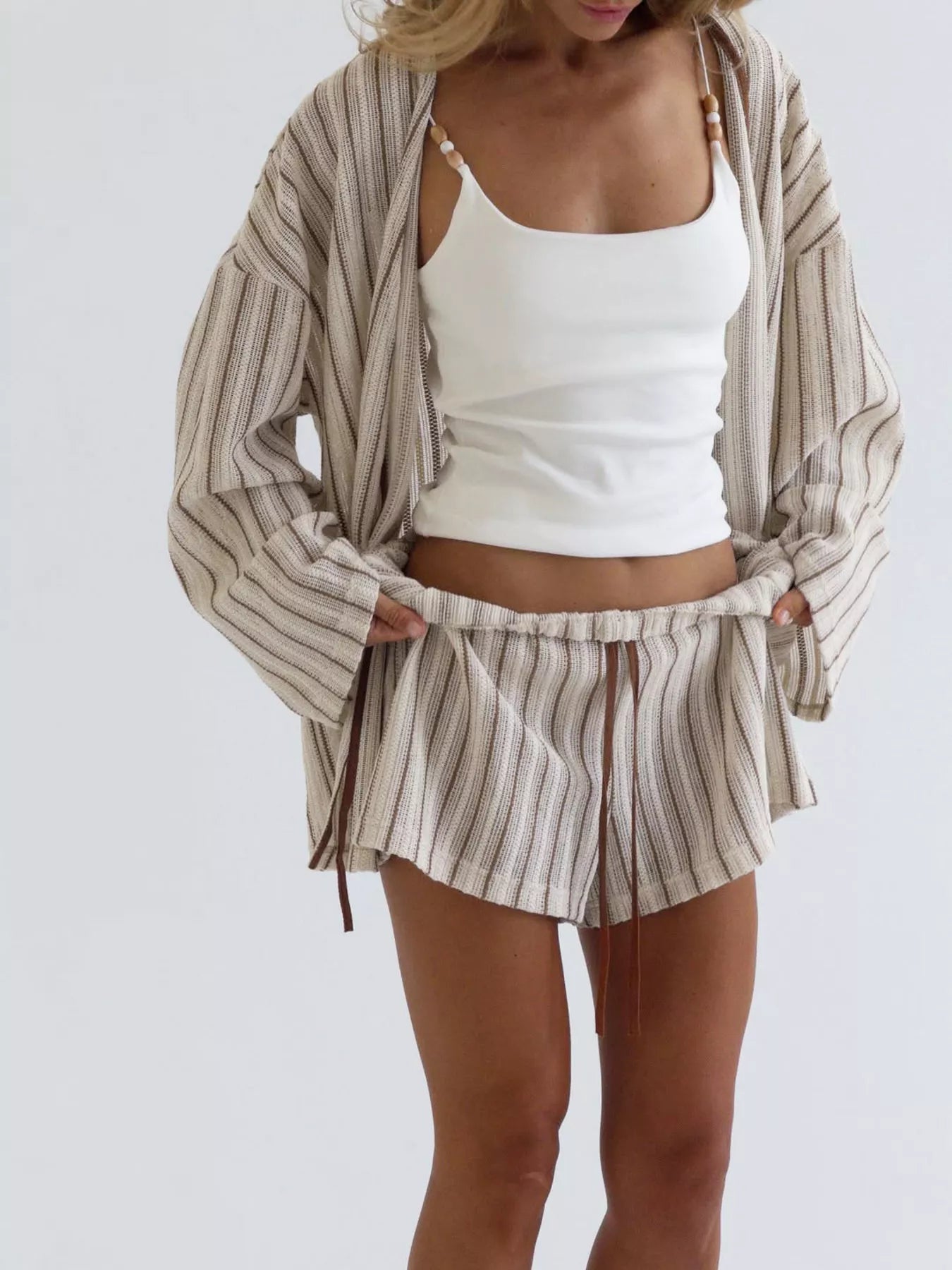 Striped Tie Front Top and Shorts Lounge Set