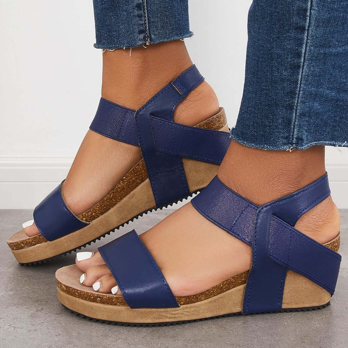 Open Toe Cork Footbed Platform Wedges Ankle Strap Sandals
