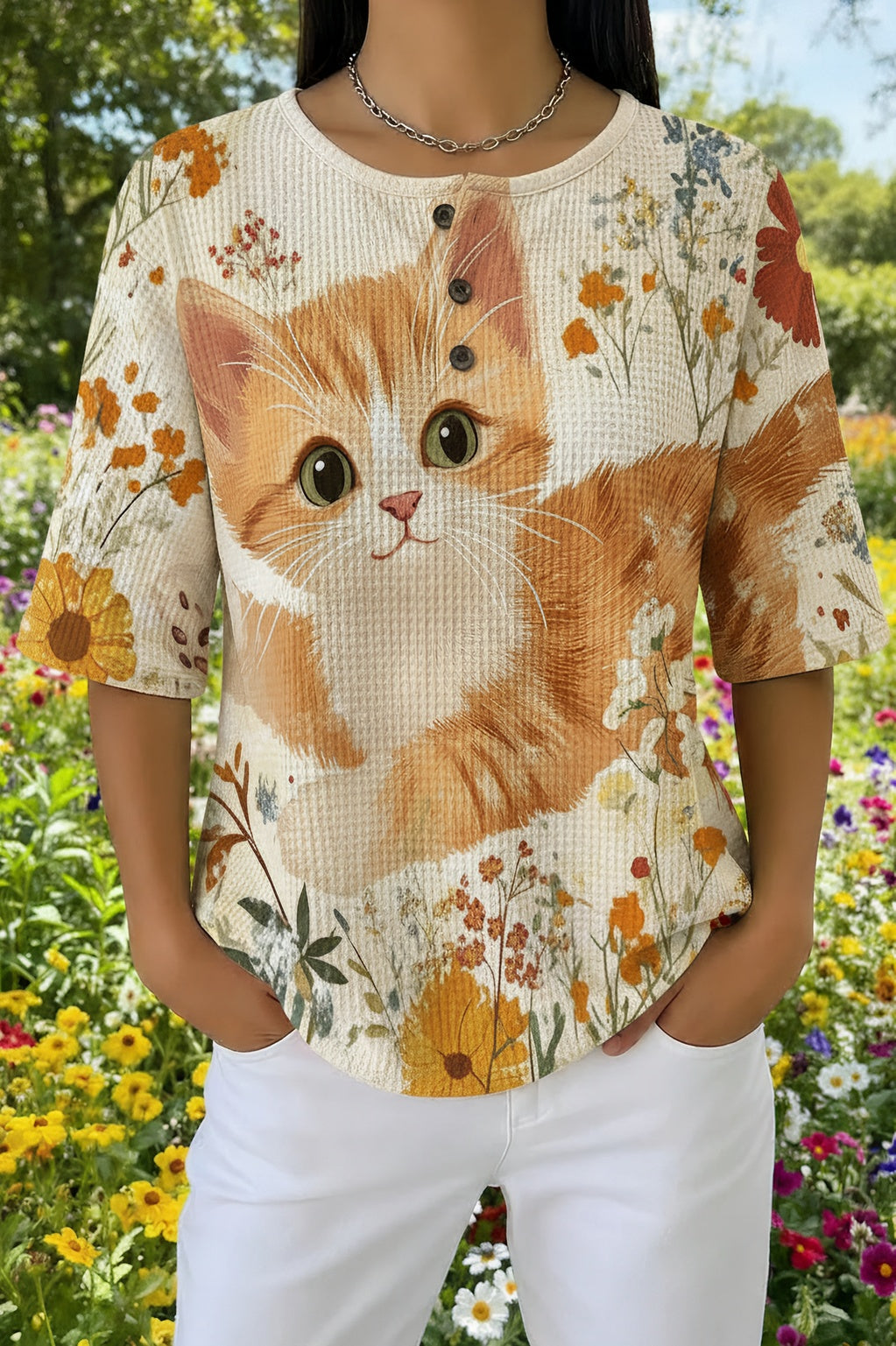 Henley Neck Short Sleeve Cat Floral Print Waffle Knit Top
