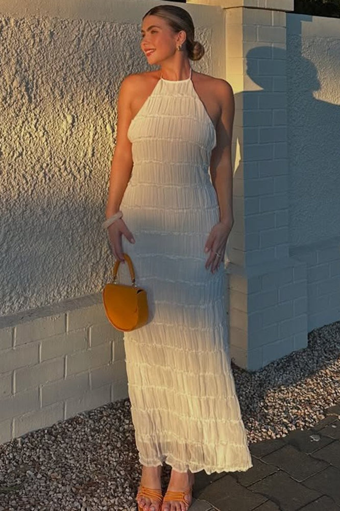 Backless Edition Ruched Striped Tie Ruffled Maxi Boho Dress