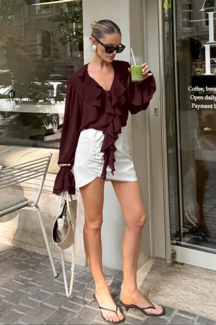 French V Neck Ruffle Blouse