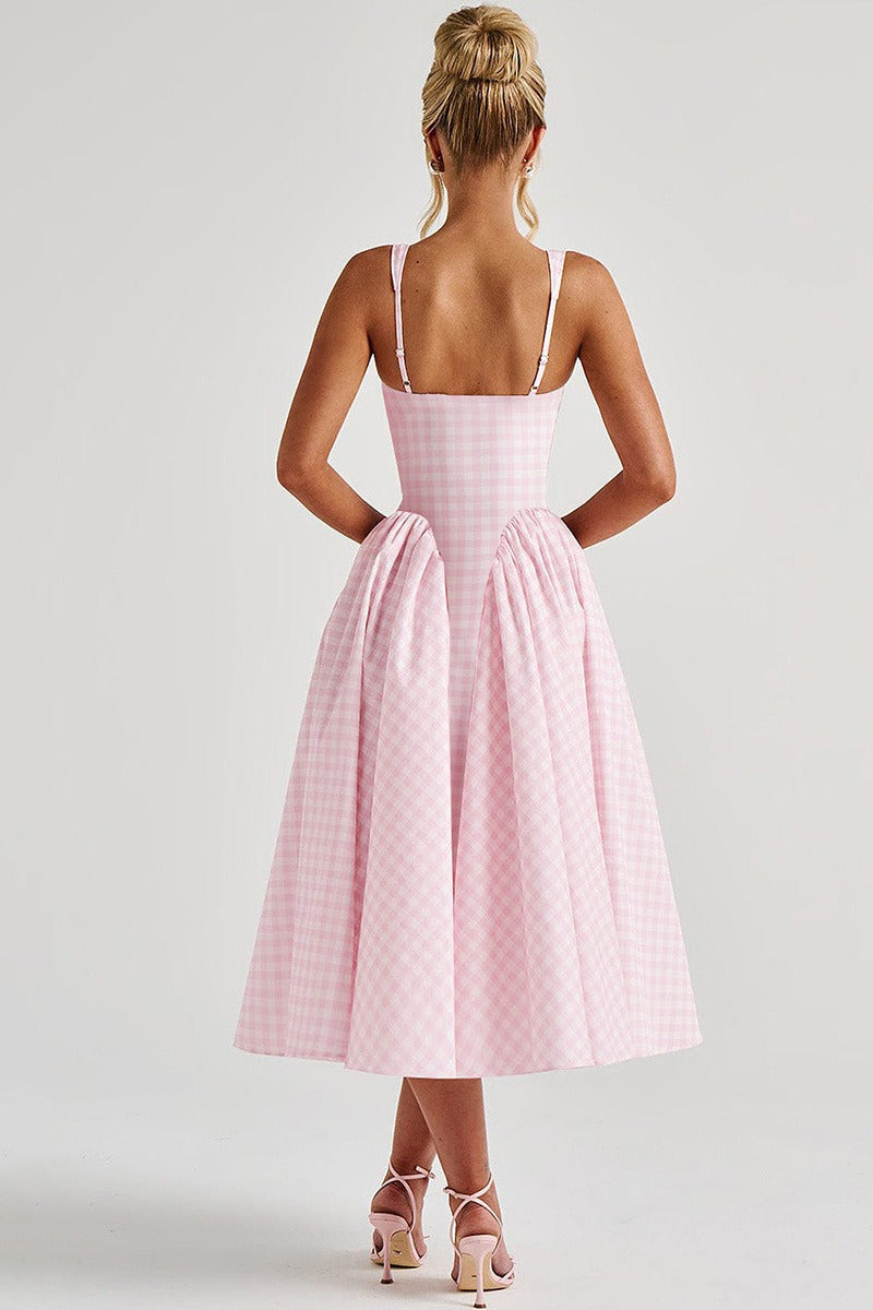 Plaid Square Neck Sleeveless Fit and Flare Midi Dress