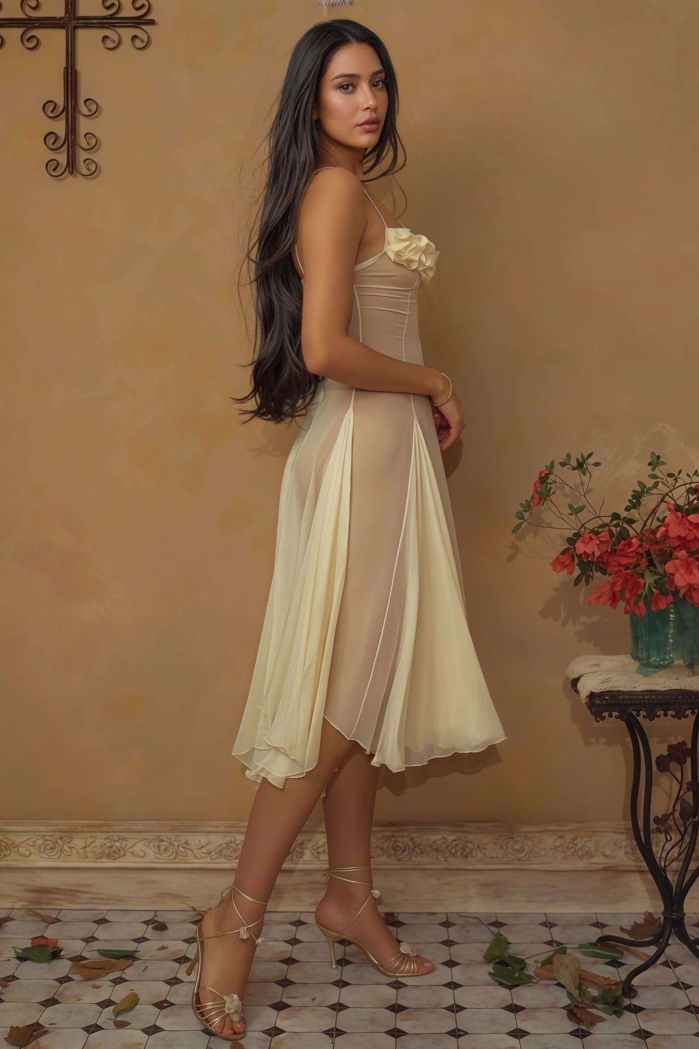Thadt Yellow Strapless Mesh Midi Dress - View 7