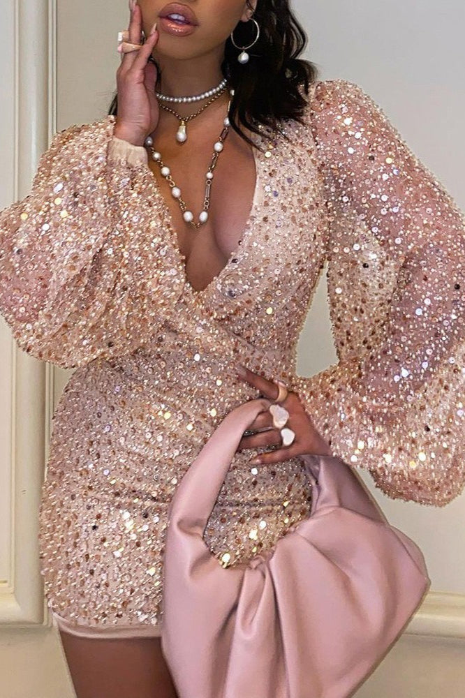 Long Sleeve VNeck Sequin Bodycon Mini Sequin Dress