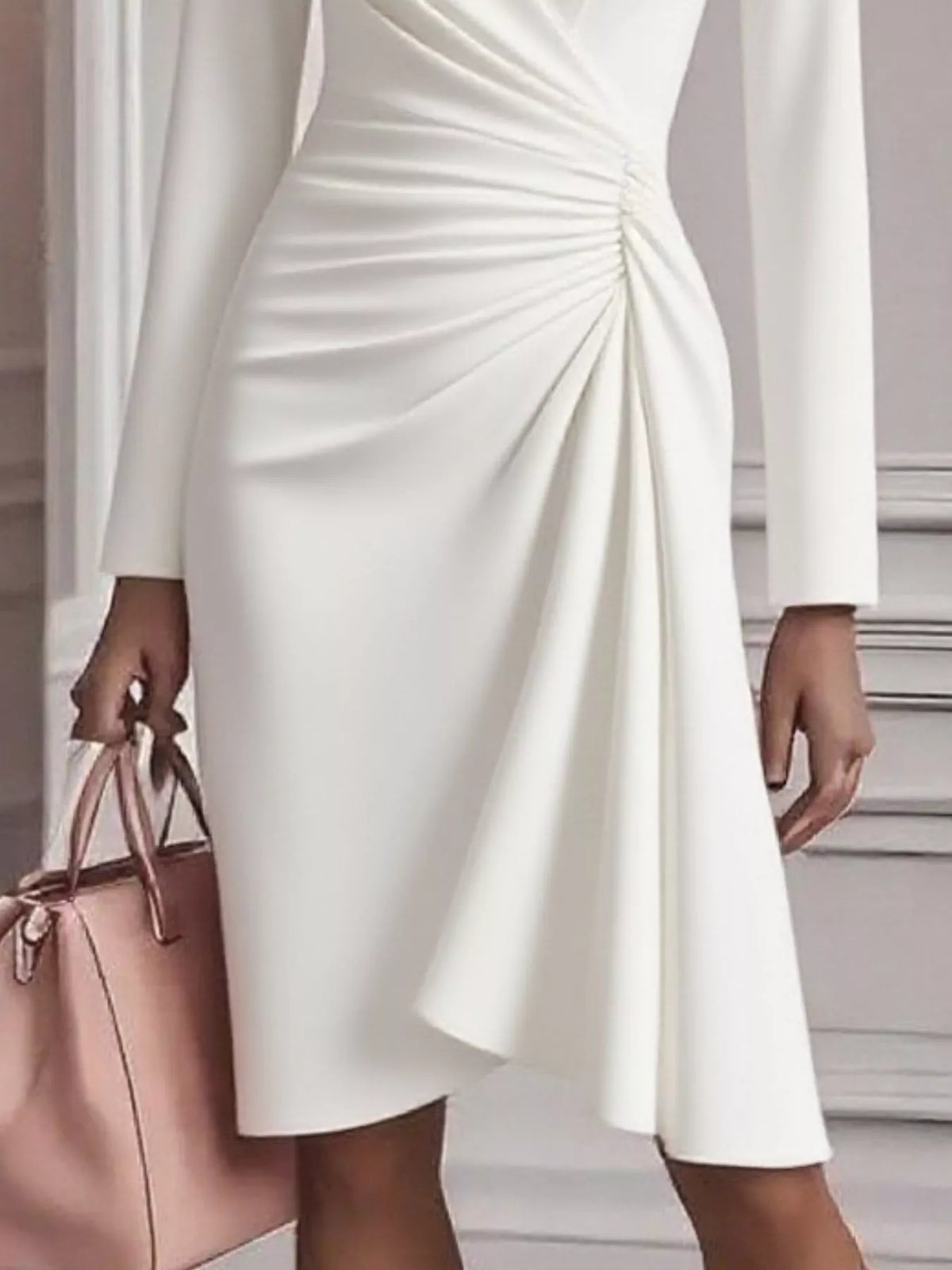 Satin Surplice V-Neck Long Sleeve Ruched Side Wrap Midi Dress 9