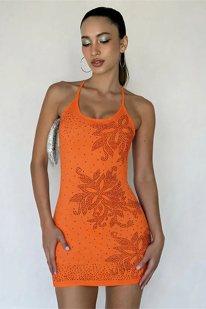 Rhinestone Floral Halter Neck Bodycon Mini Dress