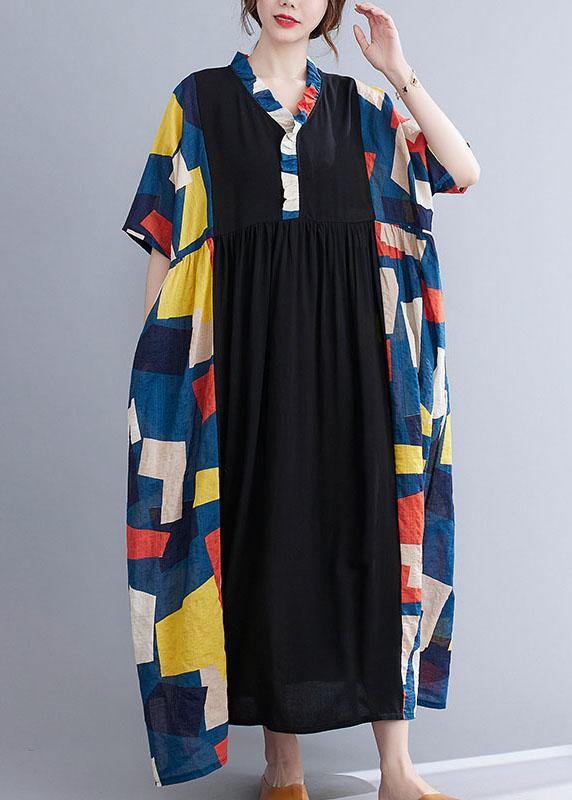 Colorblock Patchwork Ruffle Collar Button Front Empire Waist Maxi Dress