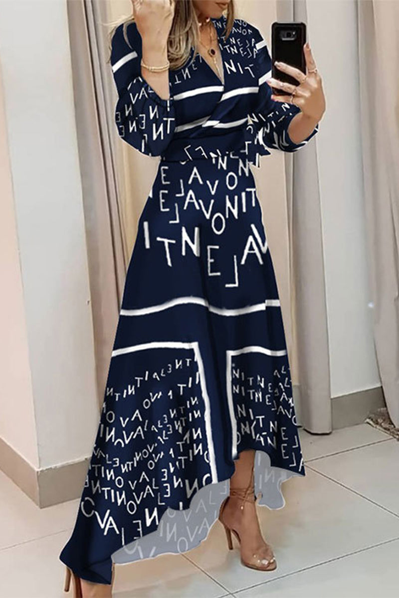 Letter Print Deep V-Neck Long Sleeve Cuffed Wrap High Low Maxi Dress