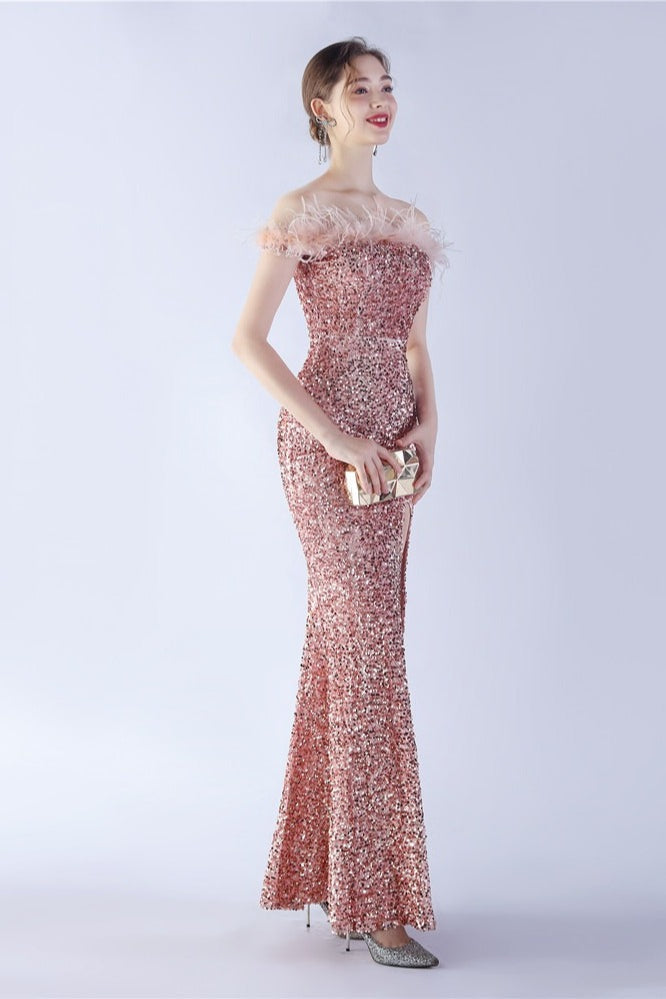 Sequin Off Shoulder Feather Trim High Split Mermaid Gown