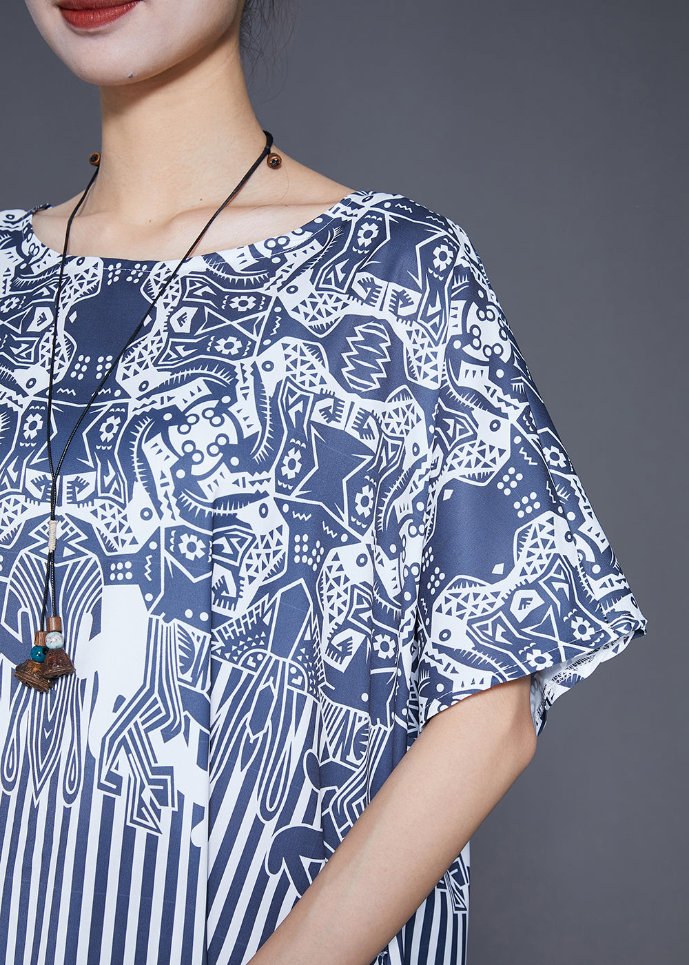 Mixed Print Folk Motif Vertical Stripe Patchwork Short Sleeve Round Neck Swing Midi Dress