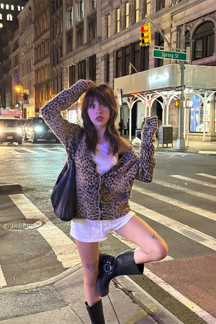 Leopard Mohair VNeck Knit Top
