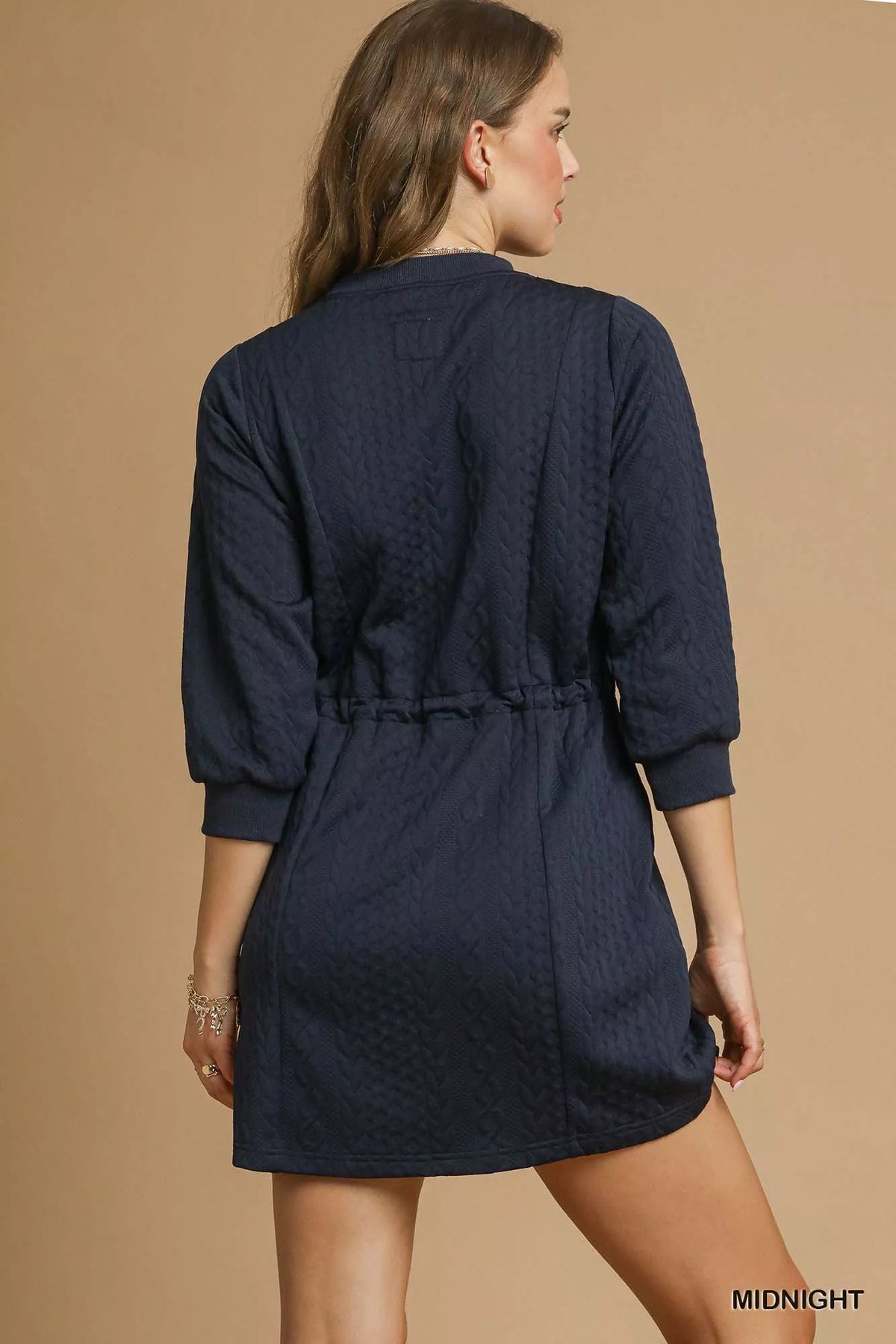 Cable Knit Crew Neck Long Sleeve Drawstring Waist Mini Dress 4