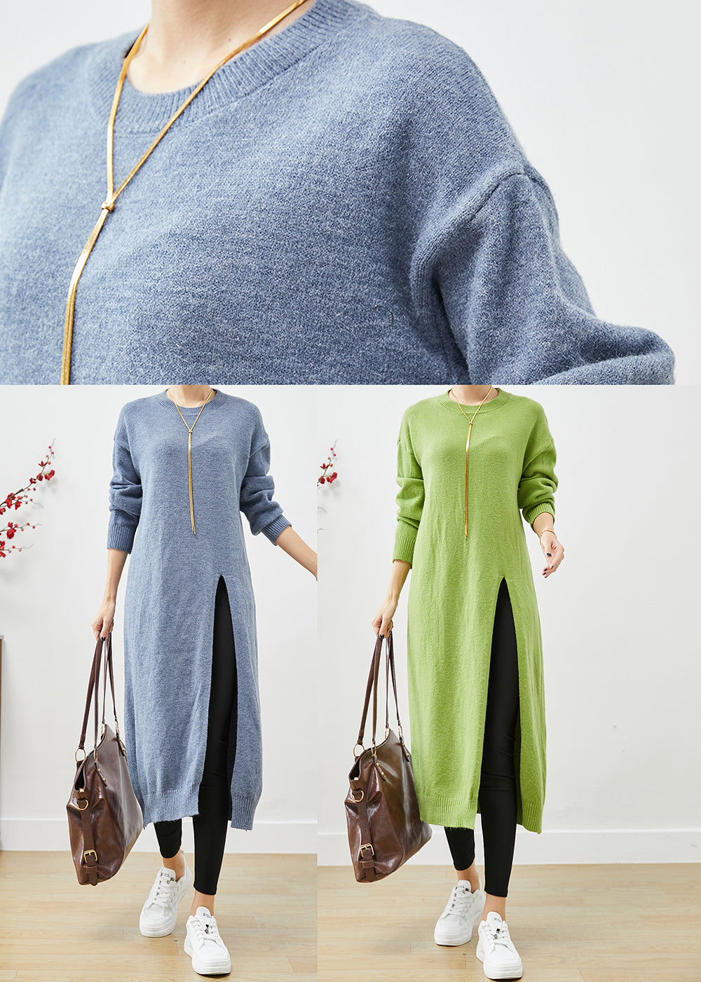 Knit Crew Neck Long Sleeve Ribbed High Split Sweater Midi Dress