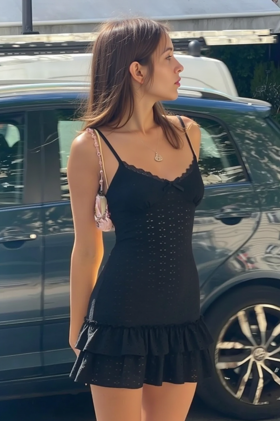Lace Panel Cutout V Neck Bow Tiered Slip Dress