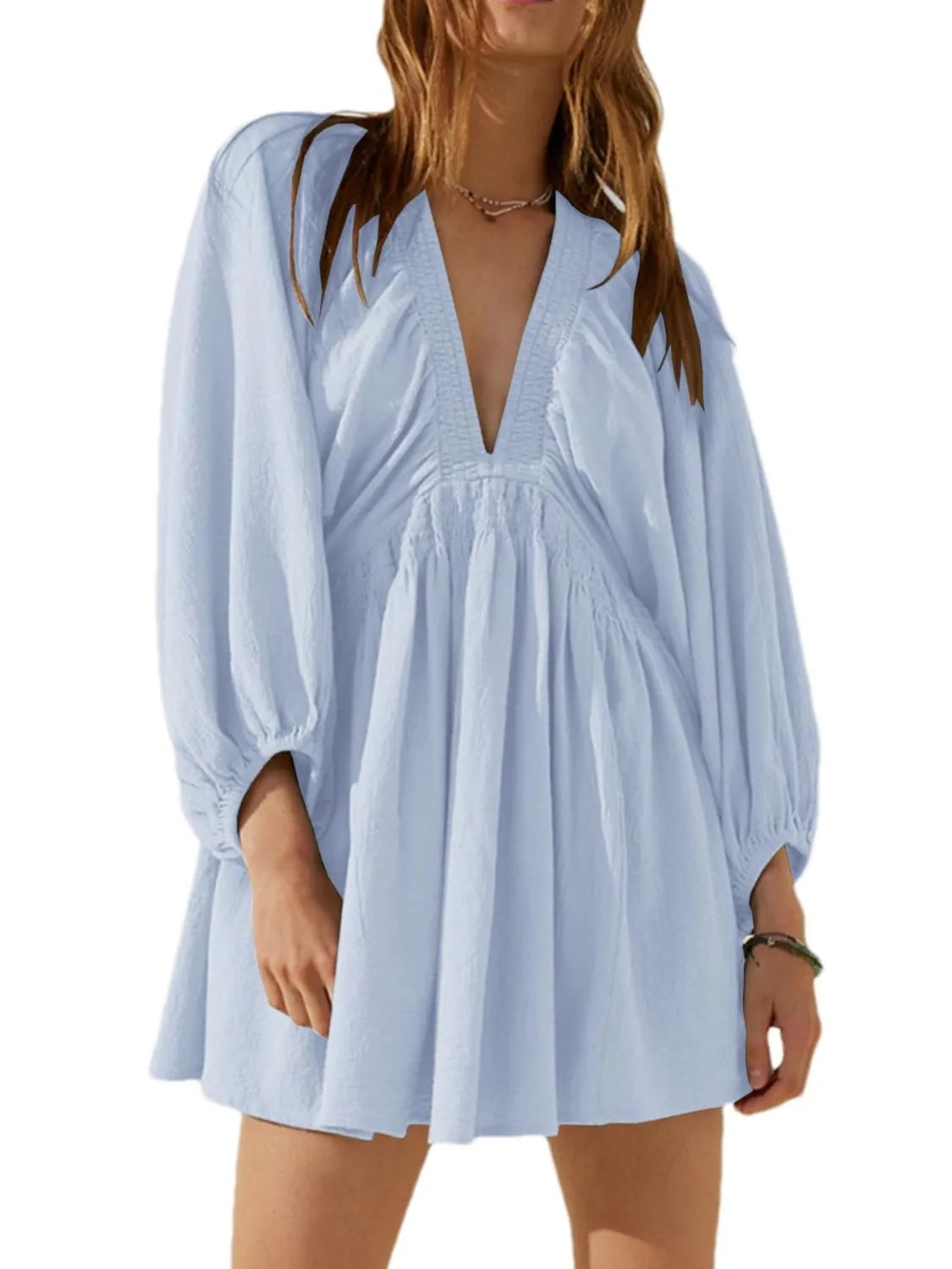 Textured Deep V-Neck Balloon Sleeve Smocked Waist Swing Mini Dress 10