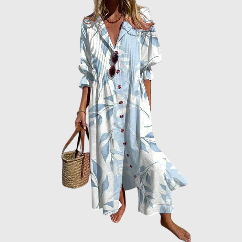 Watercolor Floral Print Split Neck Long Sleeve Maxi Dress